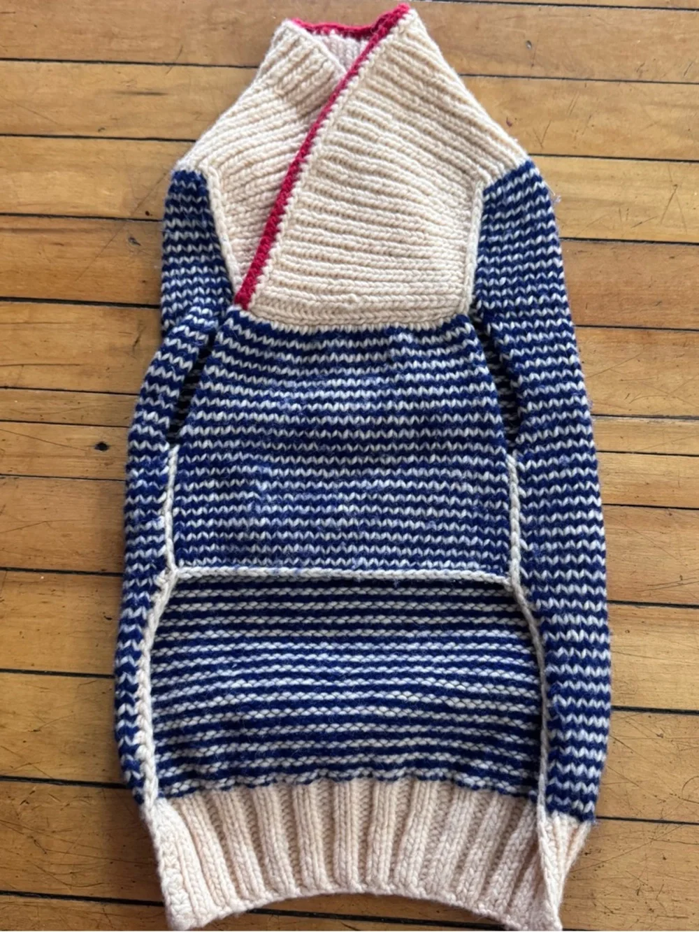 Chilly Dog Sweater wool blue cream striped cowl neck cozy warm dog puppy